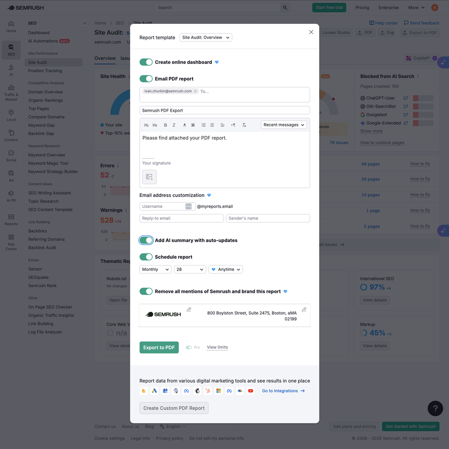 Semrush export modal before the redesign